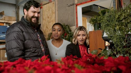 Beverley Mitchell, Derek Johns, and Benedicte Belizaire in A Candy Cane Christmas (2020)
