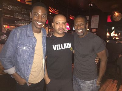 Jerrod Carmichael, Perry Strong, and Greer Barnes at The Comedy Cellar.