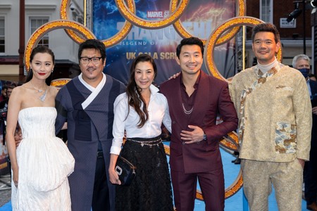 Michelle Yeoh, Benedict Wong, Destin Daniel Cretton, Fala Chen, and Simu Liu at an event for Shang-Chi and the Legend of