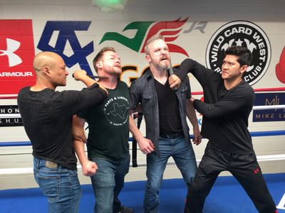 With Iko Uwais showing The Modern Rogue Show guys Brian Brushwood and Jason Murphy some fight choreography.