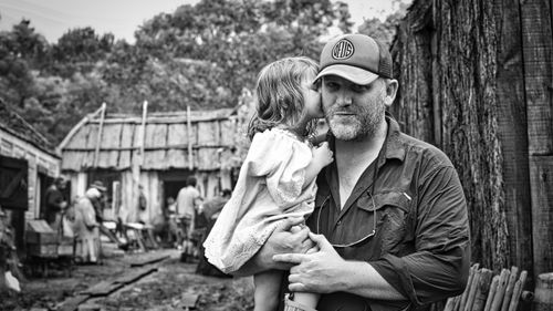 Nial Fulton and his daughter on the set of The Outlaw Michael Howe