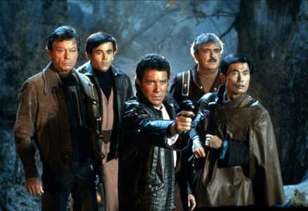 Walter Koenig, William Shatner, James Doohan, DeForest Kelley, and George Takei in Star Trek III: The Search for Spock (