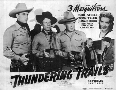 Jimmie Dodd, Charles Miller, Nell O'Day, Bob Steele, Forrest Taylor, and Tom Tyler in Thundering Trails (1943)