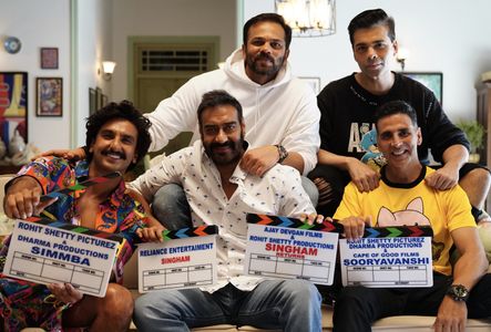 Ajay Devgn, Karan Johar, Akshay Kumar, Rohit Shetty, and Ranveer Singh in Sooryavanshi (2021)