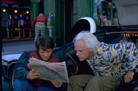 Michael J. Fox, Christopher Lloyd, and Tom Wilson in Back to the Future Part II (1989)