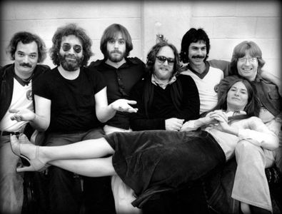 The Grateful Dead backstage in 1977 Left to Right: Bill Kreutzmann, Jerry Garcia, Bob Weir, Keith Godchaux, Mickey Hart,