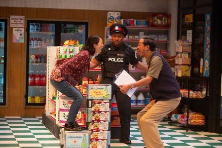 Susane Lee, Clinton Lowe and Yong Kim star in “Kim’s Convenience” at the Laguna Playhouse.
