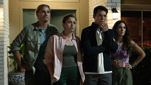 Alison Brie, Jake Lacy, Conor Merrigan Turner, and Essie Randles in Apples Never Fall: Joy (2024)