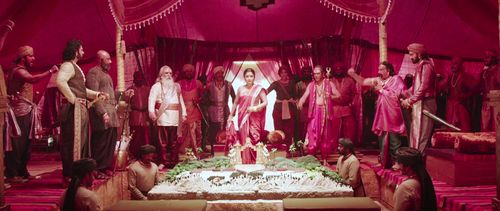 Ramya Krishnan, Nassar, Sathyaraj, Prabhas, and Rana Daggubati in Baahubali: The Beginning (2015)