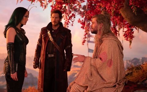 Chris Pratt, Chris Hemsworth, and Pom Klementieff in Thor: Love and Thunder (2022)