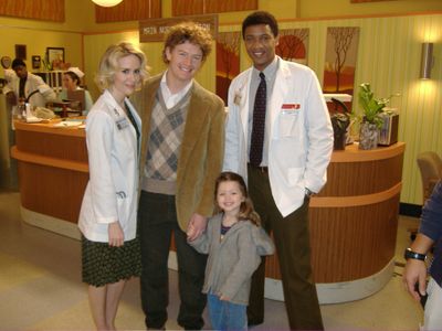 On set at Grey's Anatomy with Sarah Paulson, John Ainsworth, J. August Richars and Claire Geare.