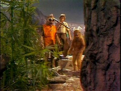 Walker Edmiston, Wesley Eure, Phillip Paley, and The Krofft Puppets in Land of the Lost (1974)