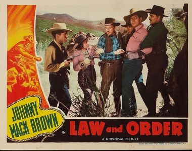 Ted Adams, Johnny Mack Brown, Harry Cording, Jimmie Dodd, Ethan Laidlaw, and Nell O'Day in Law and Order (1940)