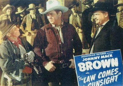 Johnny Mack Brown, Raymond Hatton, Artie Ortego, and William Ruhl in The Law Comes to Gunsight (1947)