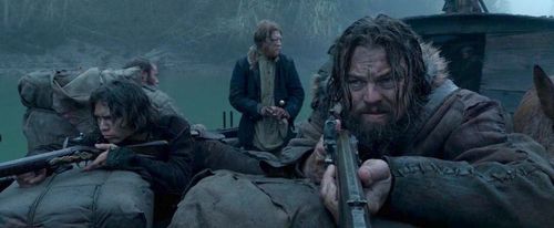 Leonardo DiCaprio, Domhnall Gleeson, and Forrest Goodluck in The Revenant (2015)