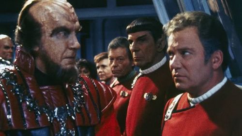 Walter Koenig, Leonard Nimoy, William Shatner, DeForest Kelley, David Warner, and Nichelle Nichols in Star Trek VI: The 
