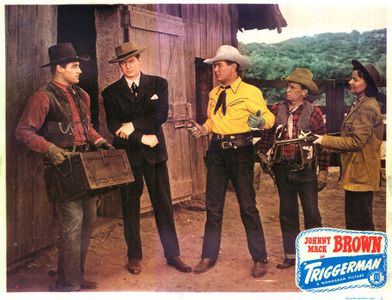 Johnny Mack Brown, Virginia Carroll, Raymond Hatton, Bill Kennedy, and Marshall Reed in Triggerman (1948)