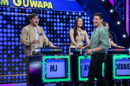 Dingdong Dantes, Ava Mendez, and MJ Cayabyab in Family Feud Philippines (2022)