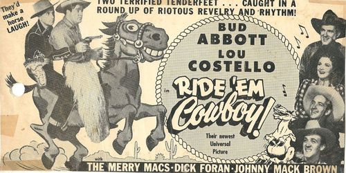Bud Abbott, Mary Lou Cook, Lou Costello, Joe McMichael, Judd McMichael, and Ted McMichael in Ride 'Em Cowboy (1942)