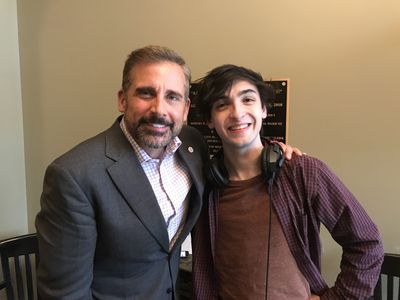 Christian Adam and Steve Carell on the set of Irresistible