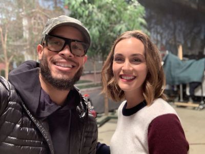 Pete Chatmon and Leighton Meester on the set of Single Parents Episode 112.