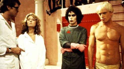 Susan Sarandon, Tim Curry, Barry Bostwick, and Peter Hinwood in The Rocky Horror Picture Show (1975)
