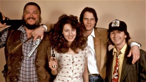 Bill Paxton, Dennis Burkley, Linda Kozlowski, and Glenn Withrow in Pass the Ammo (1987)