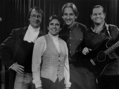 Peter Tork, Davy Jones, Jeff Sherman and Micky Dolenz on the set of 