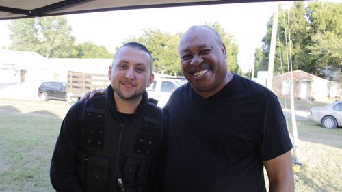 Thomas Rivas hanging out with Earl Billings on set of Gosnell.
