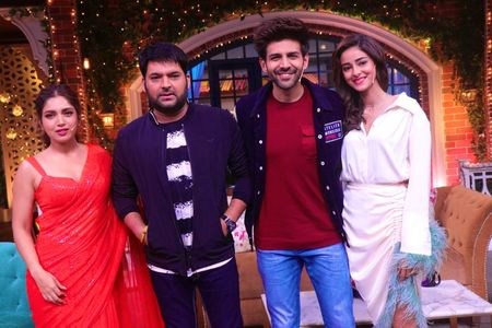 Kartik Aaryan, Kapil Sharma, Bhumi Pednekar, and Ananya Panday in The Kapil Sharma Show: The Star-Cast of Pati Patni aur