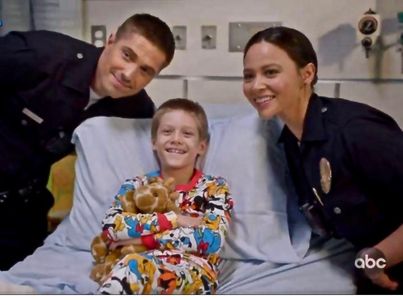 As Cody Ransom on the set of The Rookie with Eric Winter and Melissa O'Neil