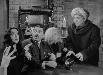 Jackie Coogan, John Astin, Marie Blake, Carolyn Jones, and Thing in The Addams Family: My Son, the Chimp (1965)