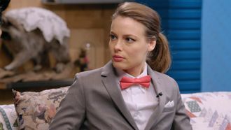 Episode 12 Gillian Jacobs Wears a Gray Checkered Suit and a Red Bow Tie